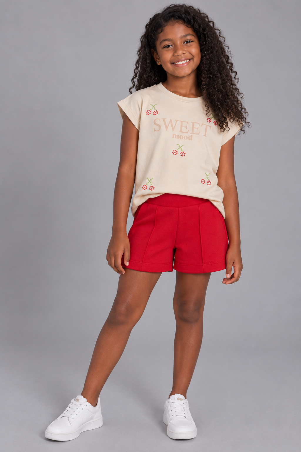 CONJ FEM BL SWEET PEROLA E SHORT MLT PIQ BEGE/VERMELHO