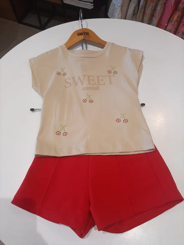 CONJ FEM BL SWEET PEROLA E SHORT MLT PIQ BEGE/VERMELHO