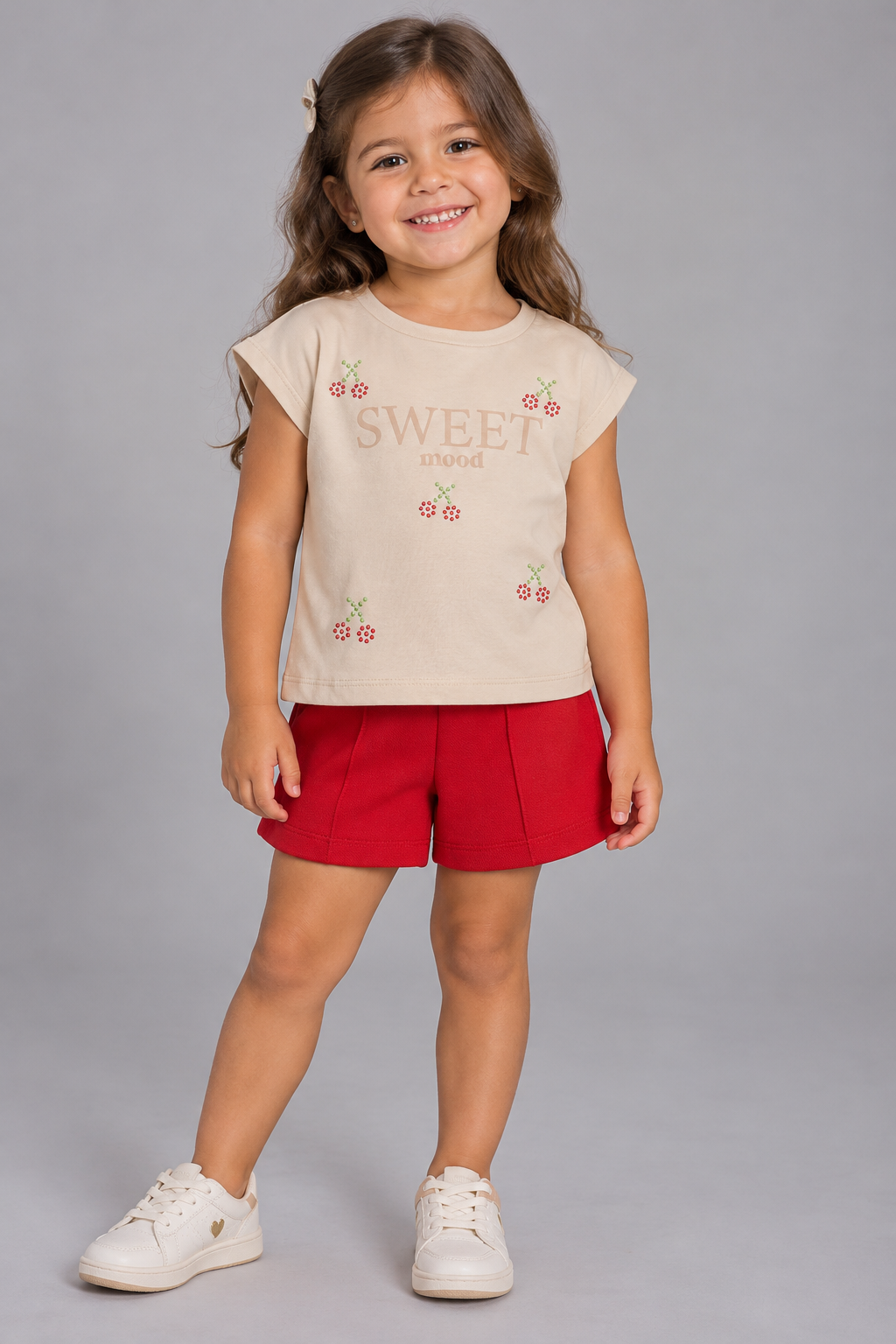 CONJ FEM BL SWEET PEROLA E SHORT MLT PIQ BEGE/VERMELHO