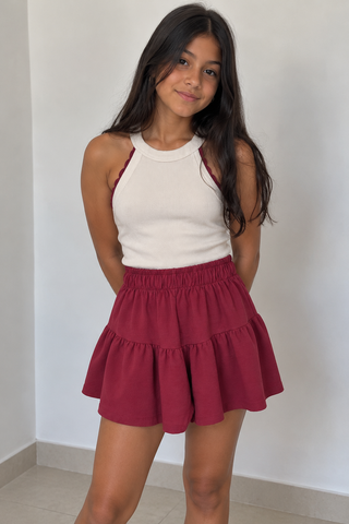 CONJ FEM JUV REG RIB DET RETIL E SHORT BAUNILHA/VERMELHO
