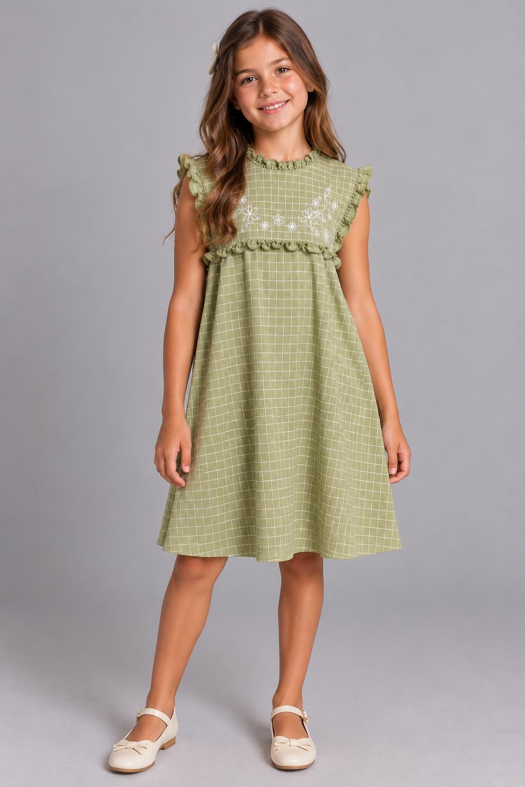 VESTIDO SM M FAVO XADREZ DET FLORAL REL VERDE