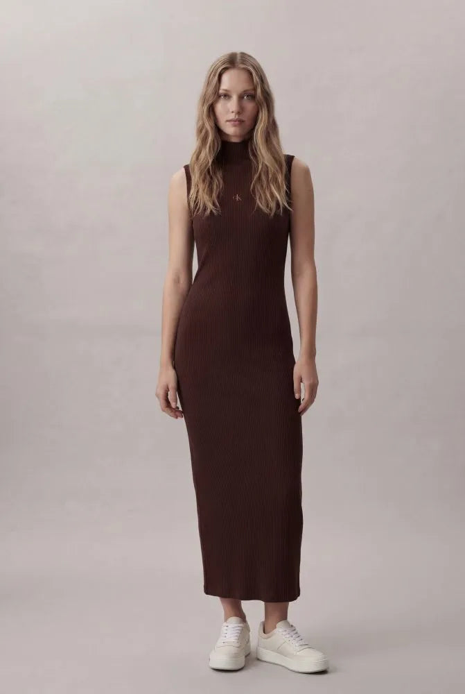 VESTIDO CKJ FEM SM GOLA ALTA MARROM