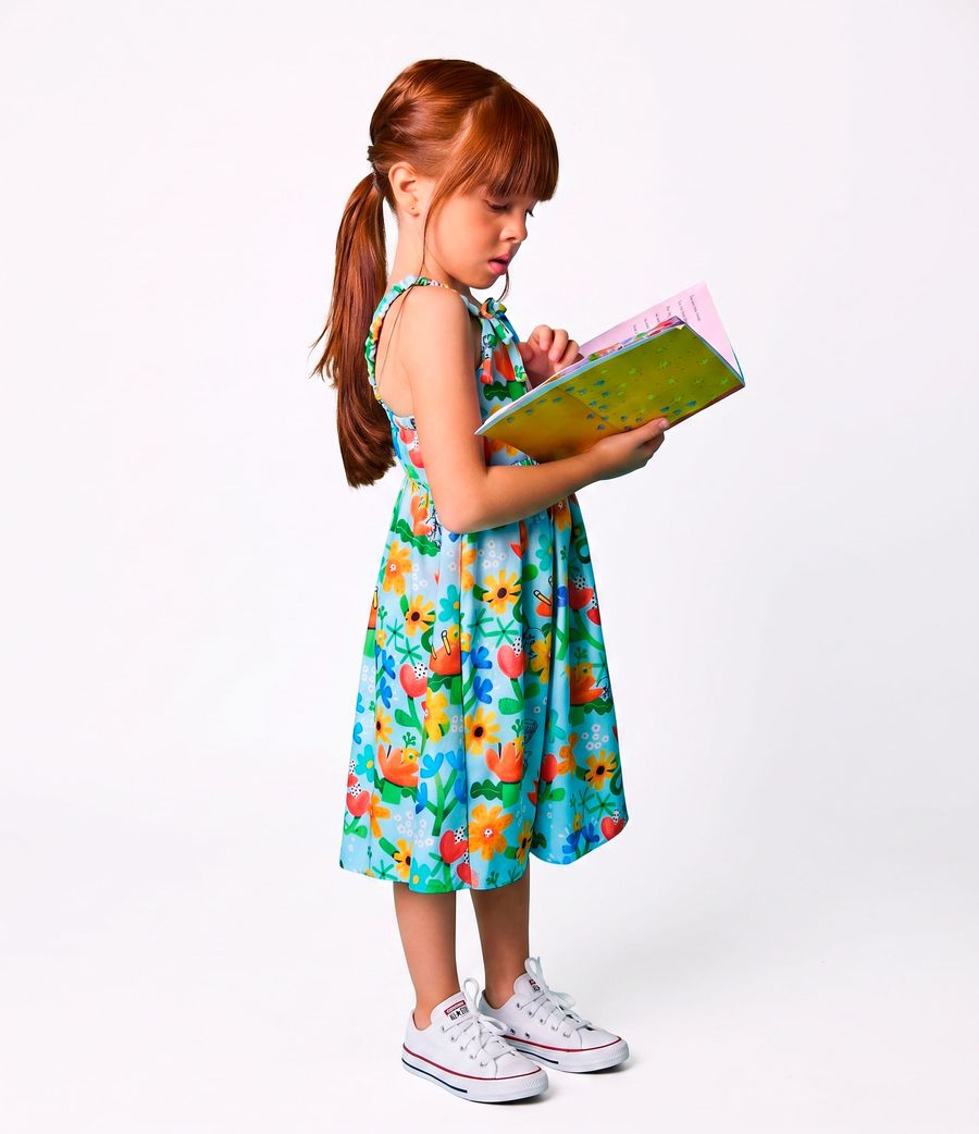 VESTIDO E LIVRO DIA CRIANCAS CADE FLORES AZUL