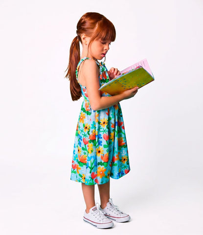 VESTIDO E LIVRO DIA CRIANCAS CADE FLORES AZUL