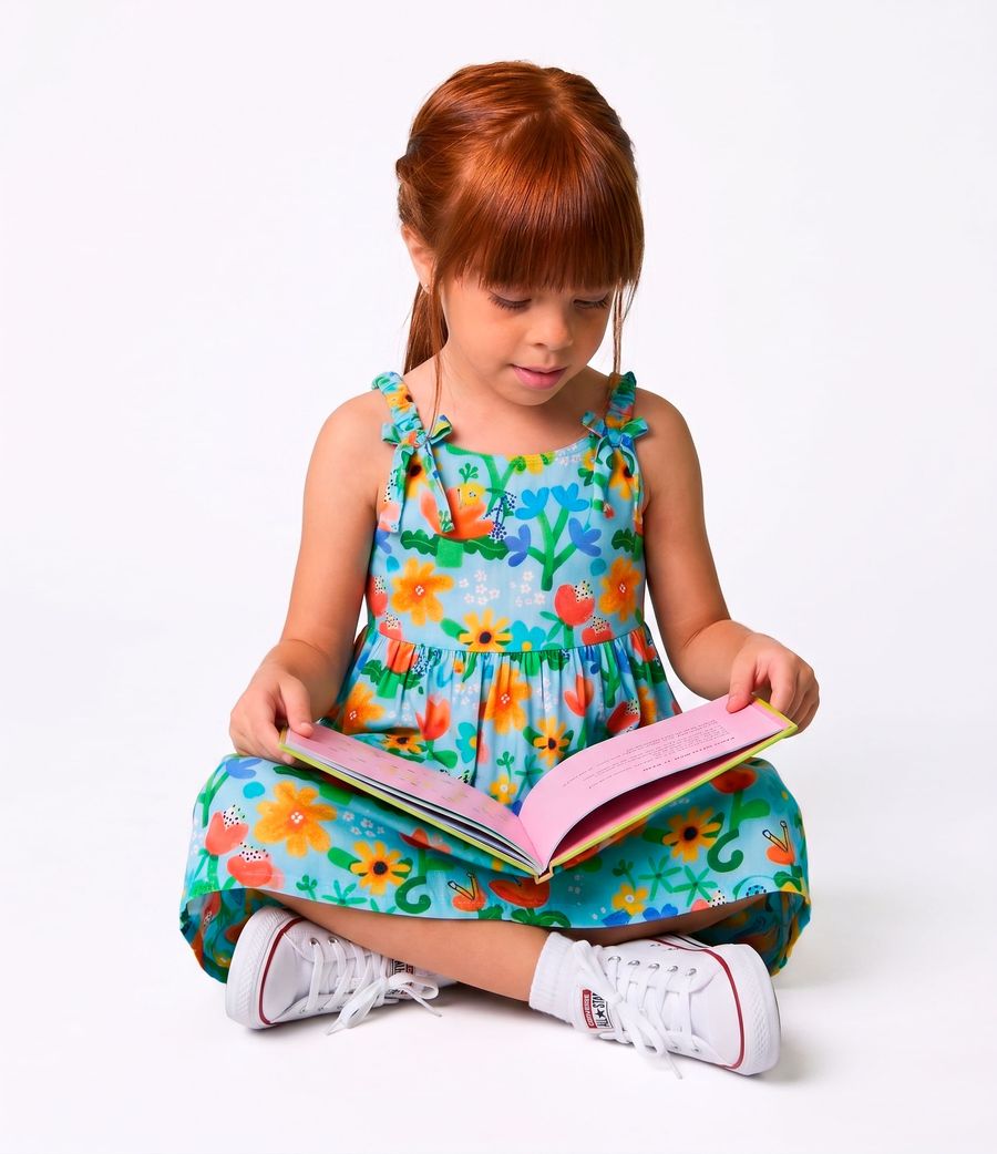 VESTIDO E LIVRO DIA CRIANCAS CADE FLORES AZUL