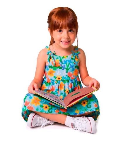 VESTIDO E LIVRO DIA CRIANCAS CADE FLORES AZUL