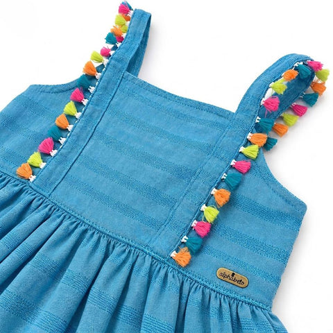 VESTIDO PRAINHA POMPOM ALPHABETO AZUL