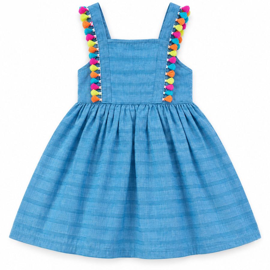 VESTIDO PRAINHA POMPOM ALPHABETO AZUL