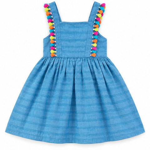 VESTIDO PRAINHA POMPOM ALPHABETO AZUL