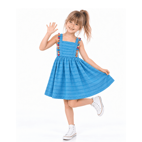 VESTIDO PRAINHA POMPOM ALPHABETO AZUL
