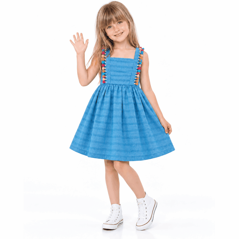 VESTIDO PRAINHA POMPOM ALPHABETO AZUL