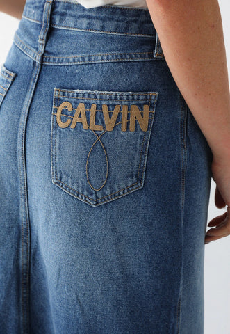 NOVO SAIA JEANS CKJ FEM LONGA BORDADO CALVIN AZUL MEDIO