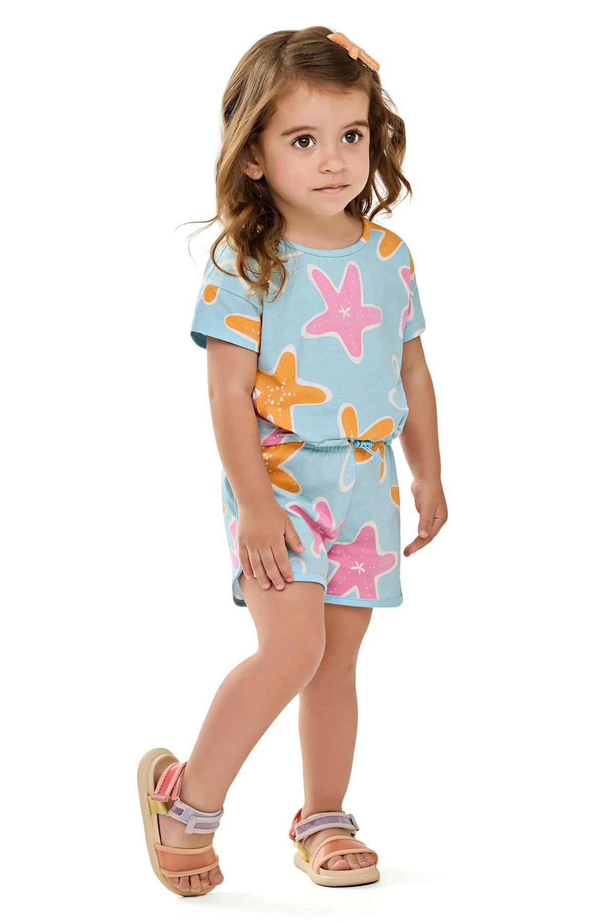 CONJ FEM BL E SHORT EST ESTRELAS GLITTER AZUL CLARO